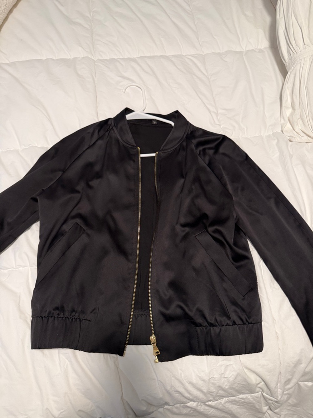 Express Black Satin Bomber Jacket with Gold Hardware